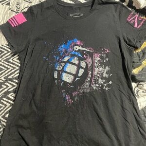 Grunt Style Black Tee with Blue and Pink Design